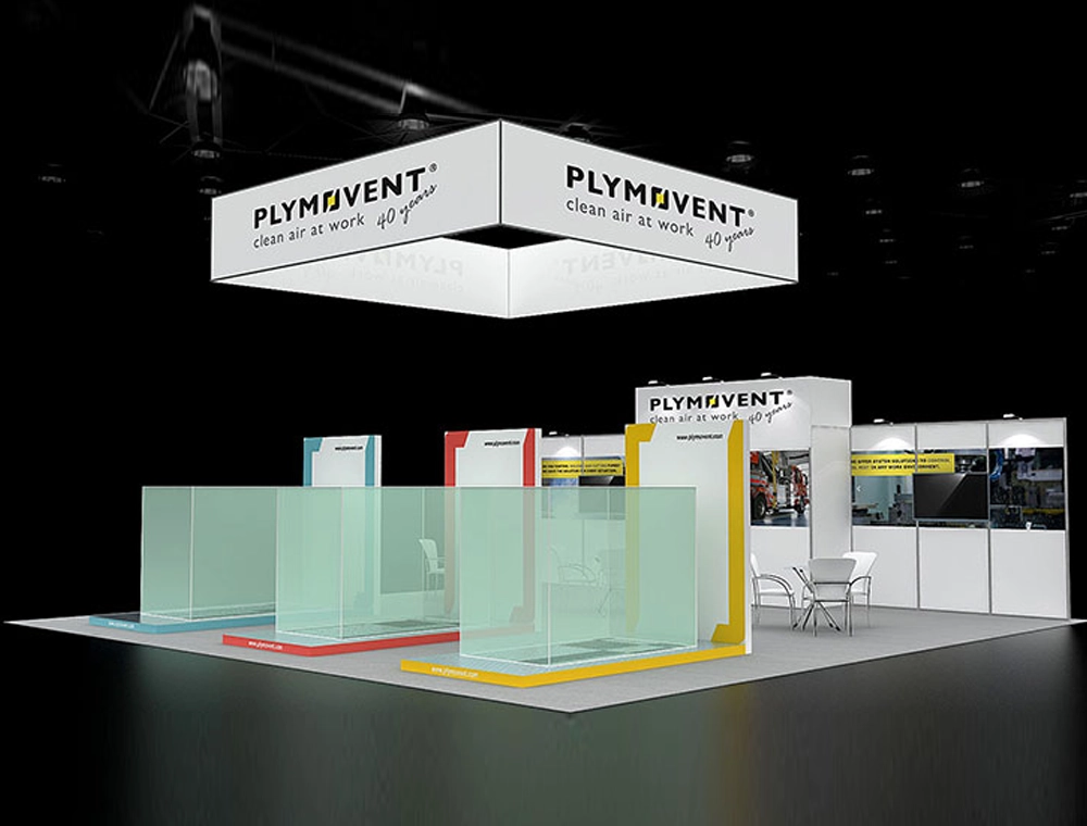 30x30 booth design with central demo and LED wall